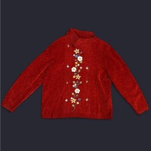 Alfred Dunner Red Floral Cowl Neck Sweater